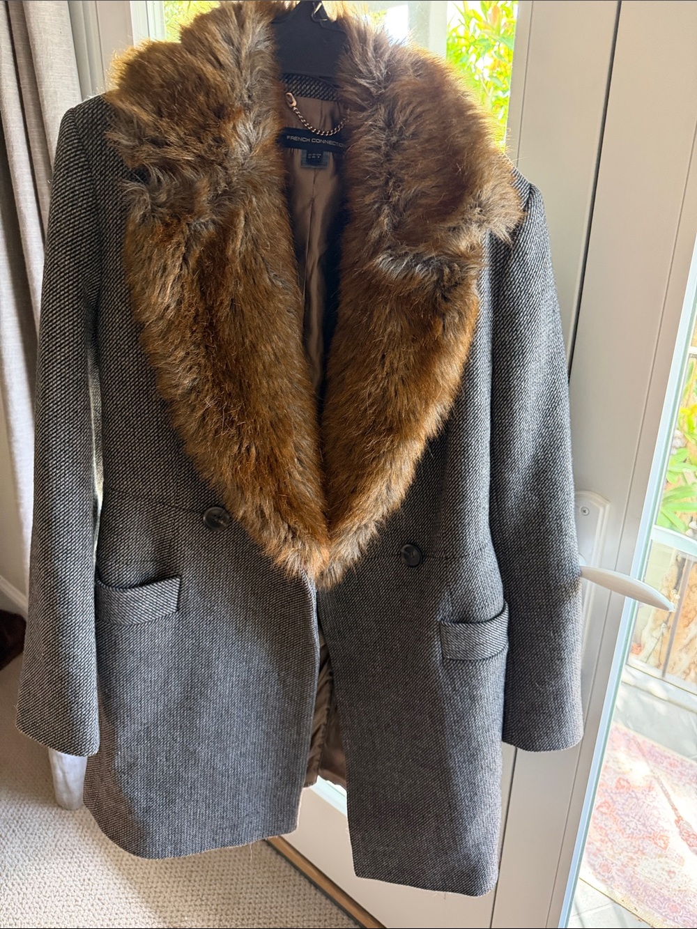 French Connection Gray Pea Coat with Brown Faux-Fur Shawl Collar